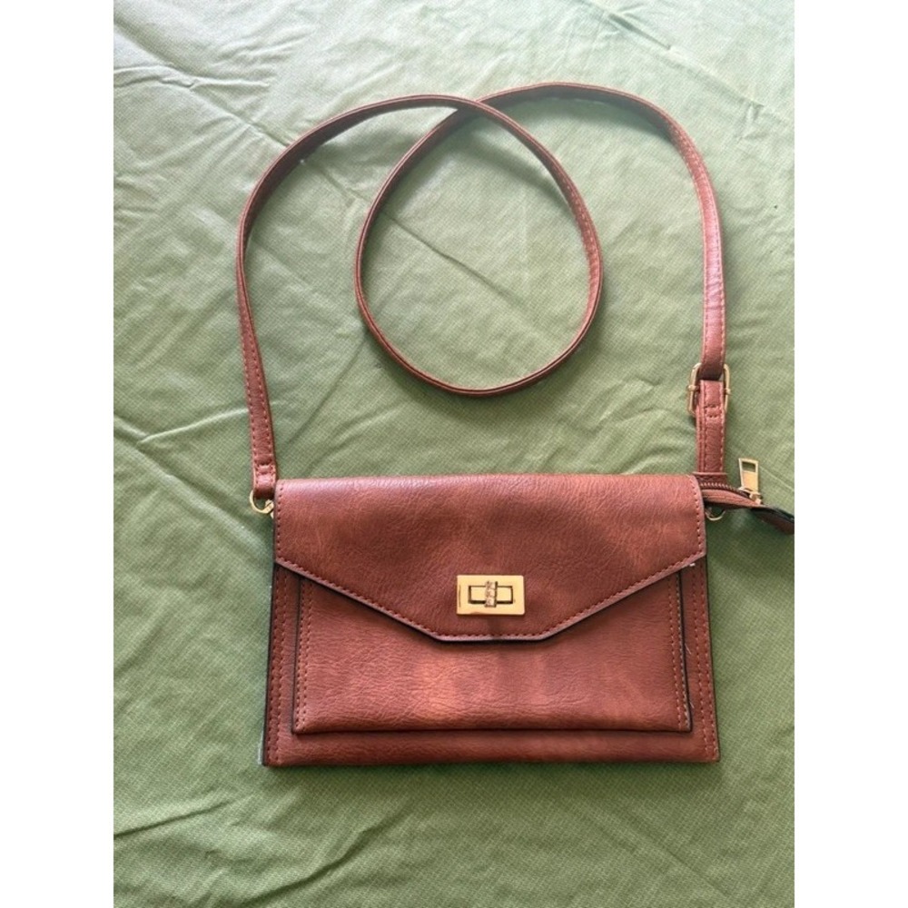 Brown Faux Leather Leopard Print Envelope Turn Lock Crossbody Wallet Purse
